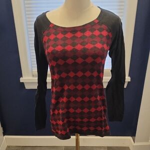 LOFT Red and Black Diamond Pattern Long Sleeve Top
